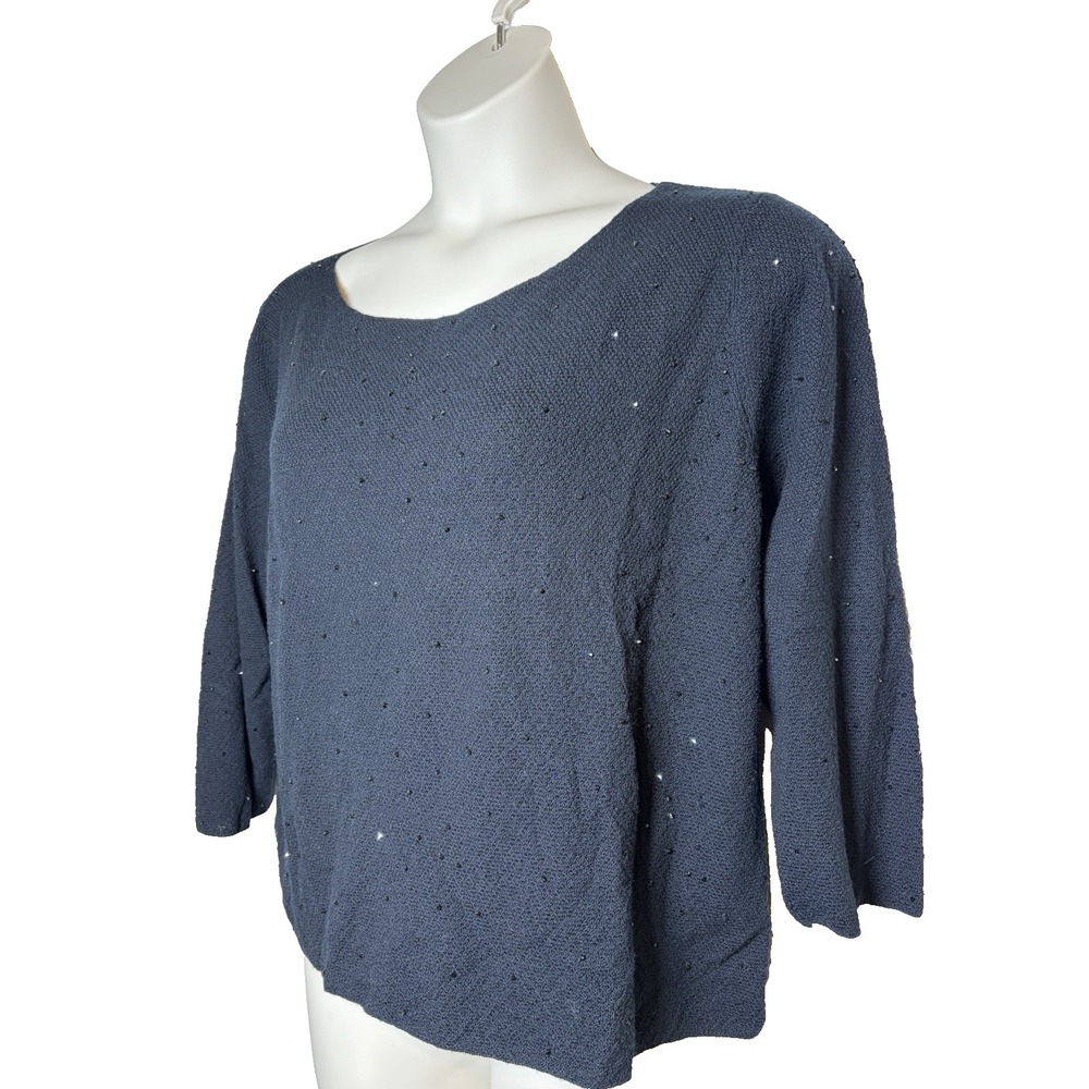 Vtg Eileen Fisher Black Micro Beaded Sweater~XL~Italian Merino Wool Lightweight